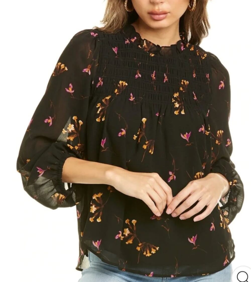 Madewell Georgette Ruffle Collar Smocked Black Sheer Floral Top Cottage, Gothic